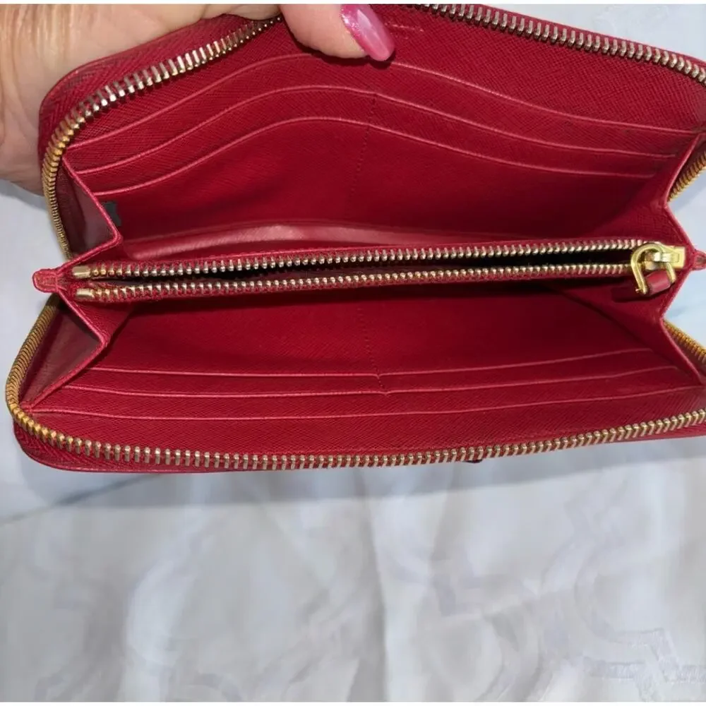 Prada Milano Red Saffiano Leather Bow Zip Around Wallet Quiet Luxury Designer